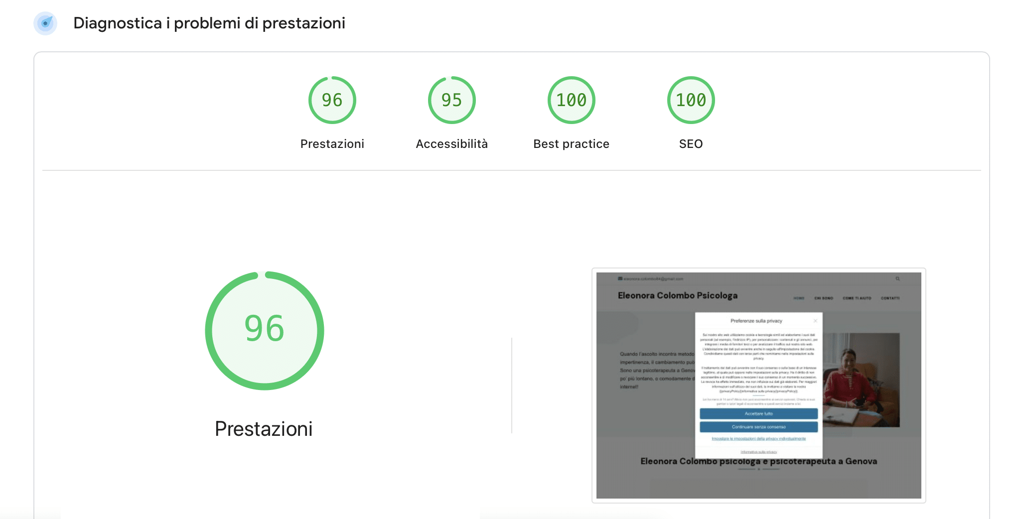 Diagnostica delle prestazioni del sito della Dott.ssa Eleonora Colombo con ottimi punteggi SEO e performance